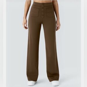 HALARA Brown Straight Leg Pants petite medium buttons stretch taupe mp